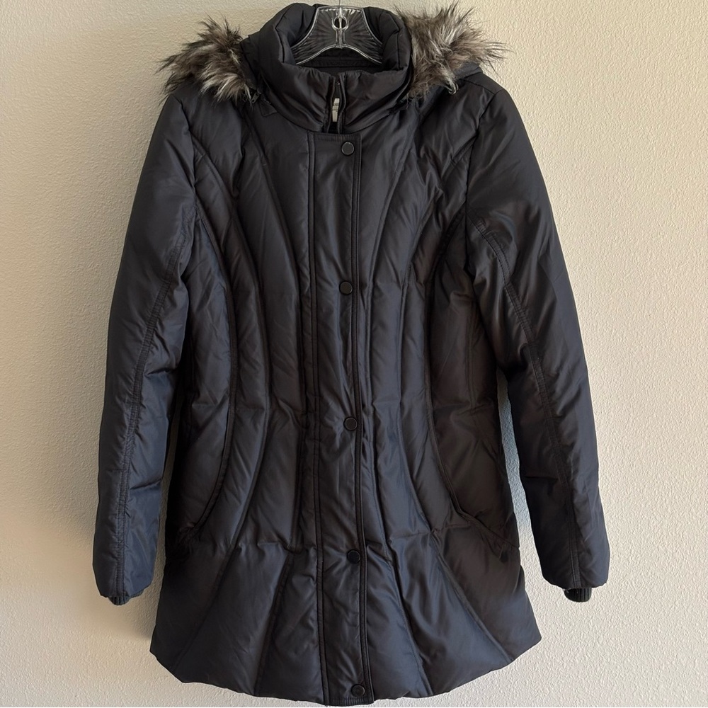 Coldwater Creek Women's Black Puffer Coat with Removable Hood and Fur Trim SZ S